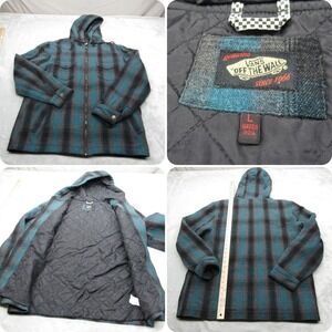Vans Jacket Mens Large Black Plaid Quilted‎ Flannel Full Zip Wool Blend VTG Rare